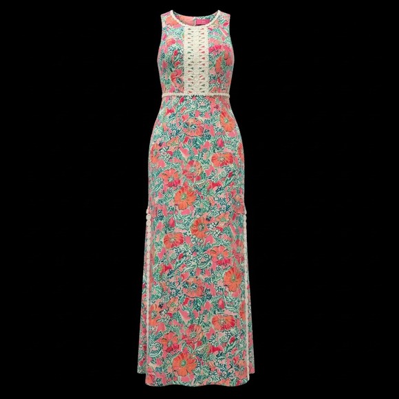 Lilly Pulitzer Pink Floral Crochet Trim Sleeveless Maxi Dress Size 2 Resort Wear